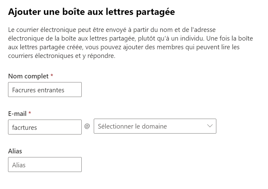 Capture d'écran indiquant le formulaire pour créer une boîte aux lettres partagée