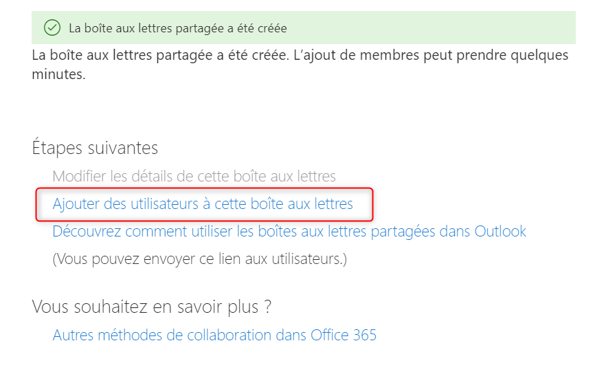 Capture d'écran indiquant où trouver le lien pour ajouter des utilisateurs à cette boîte aux lettres - Gérer vos factures numériques entrantes avec Microsoft 365