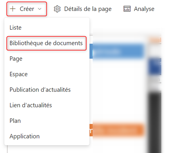 Capture d'écran indiquant comment créer une bibliothèque de documents sur SharePoint