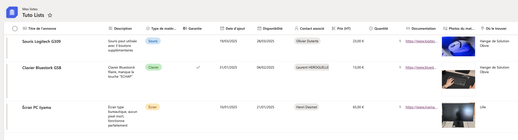Exemple de liste
Comprendre les colonnes de Microsoft Lists