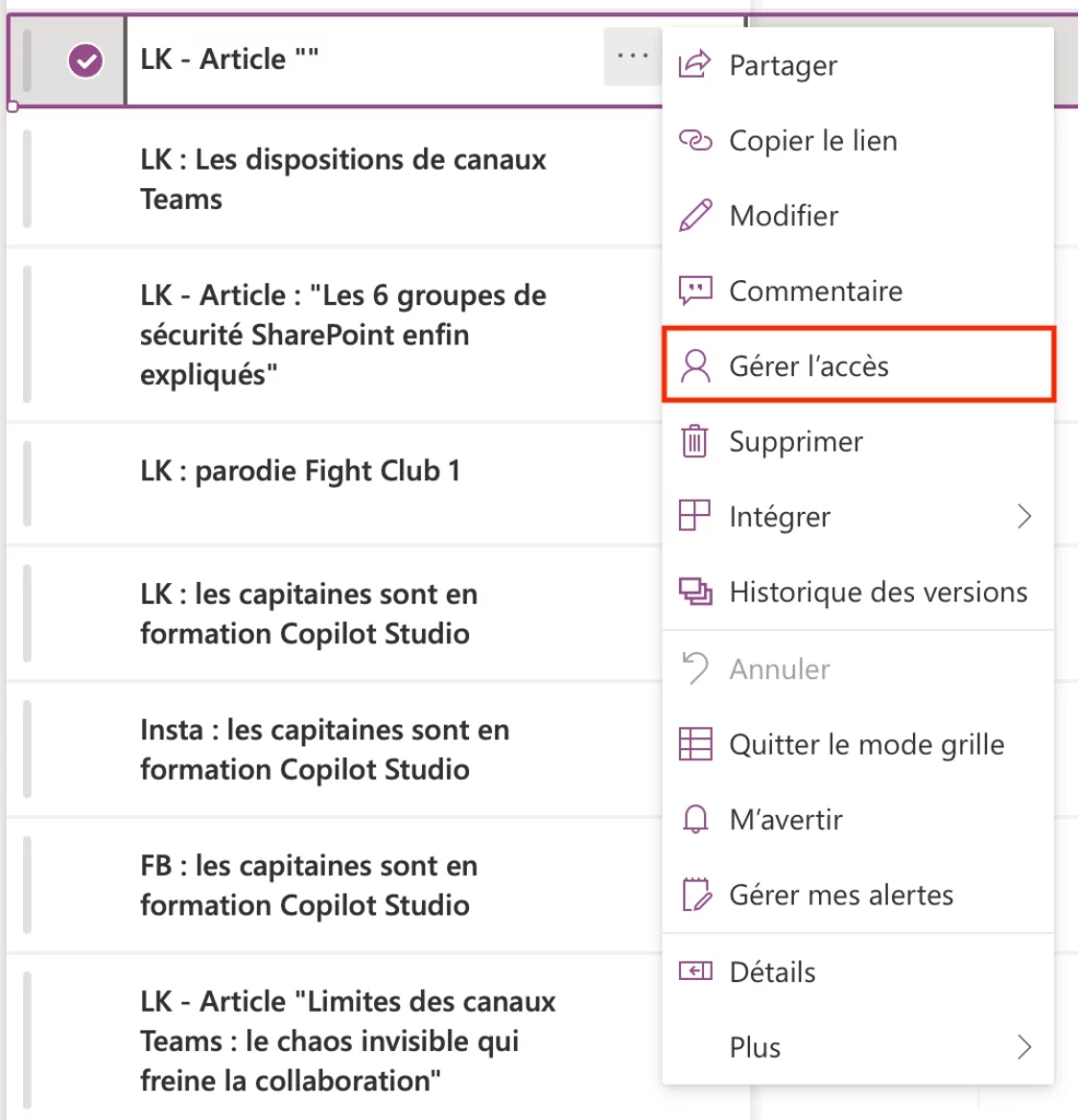 Gérer l'accès à une ligne - Microsoft Lists