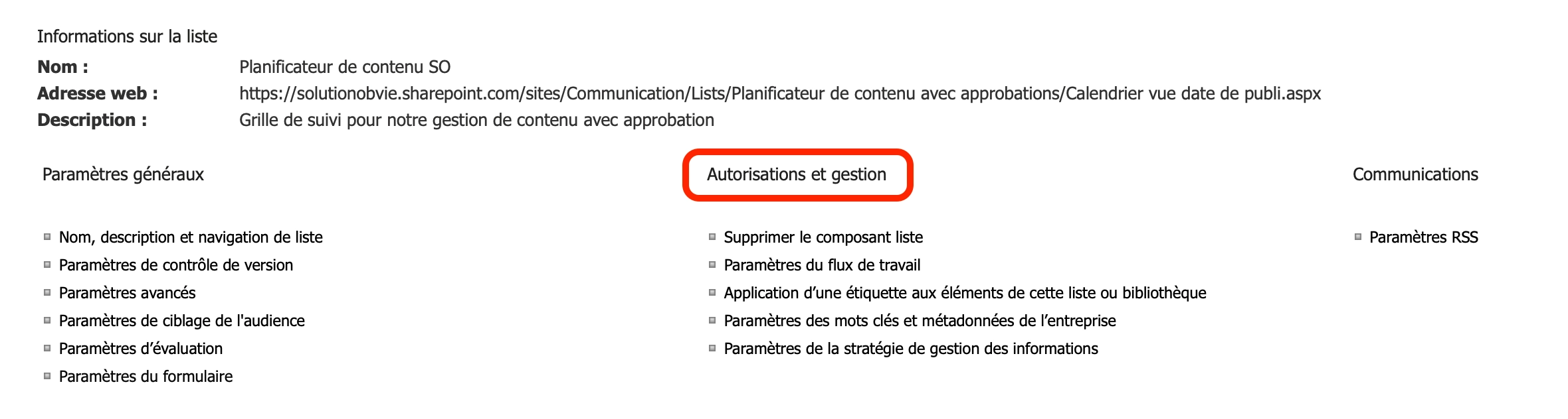 Dans la catégorie 'Autorisations et gestion' - Créer permissions uniques SharePoint