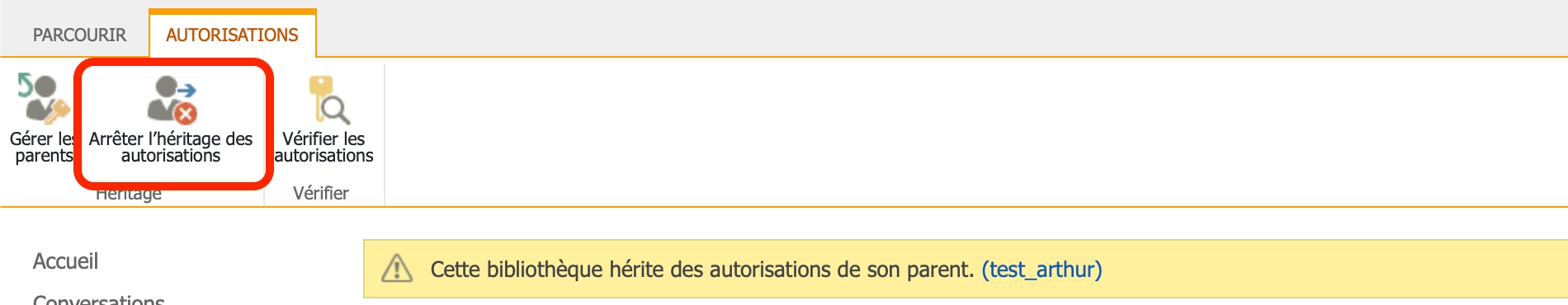 Interface de gestion des autorisations, deuxième bouton en haut à gauche - Créer permissions uniques SharePoint