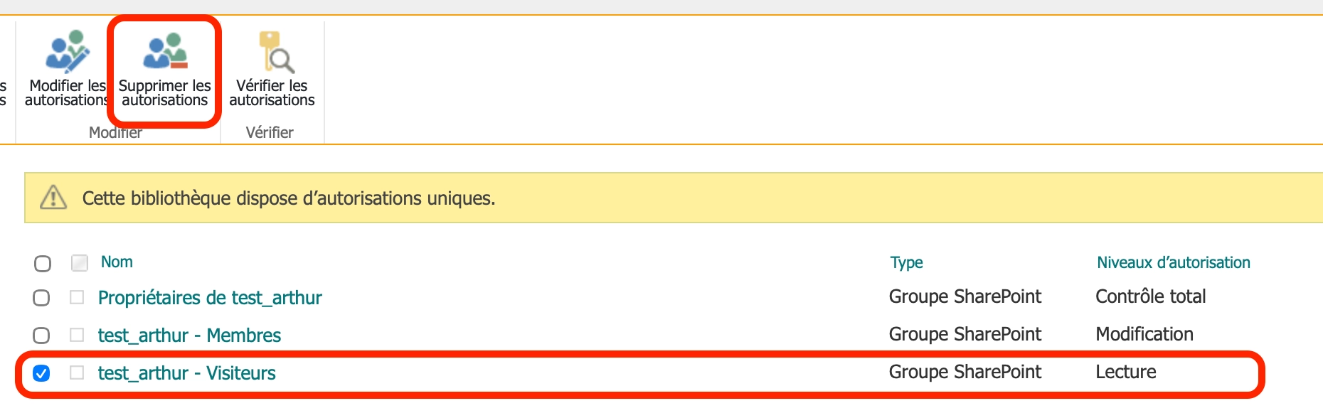 Interface de gestion des autorisations, troisième bouton en haut à gauche - Créer permissions uniques SharePoint