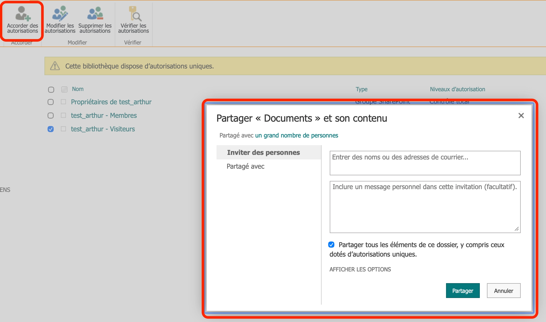 Interface de gestion des autorisations, premier bouton en haut à gauche - Créer permissions uniques SharePoint