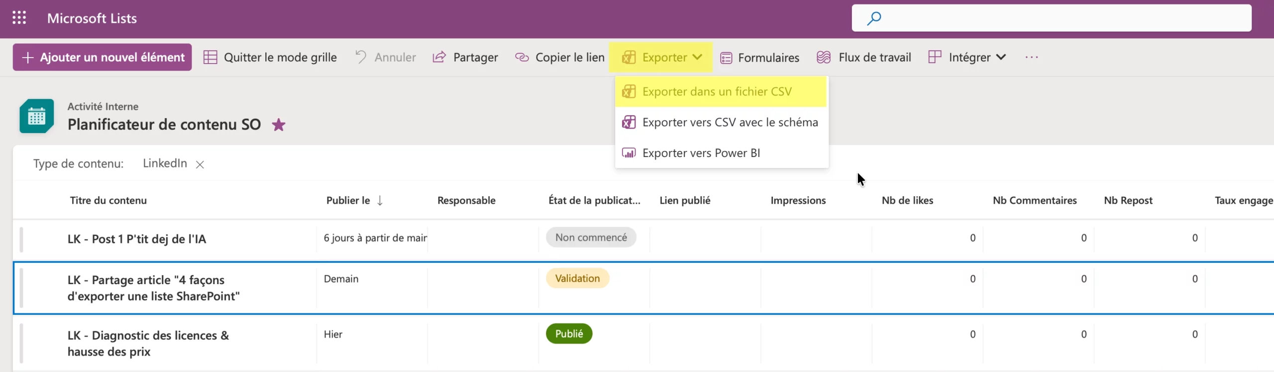 Exporter dans un fichier CSV Exporter Liste SharePoint
