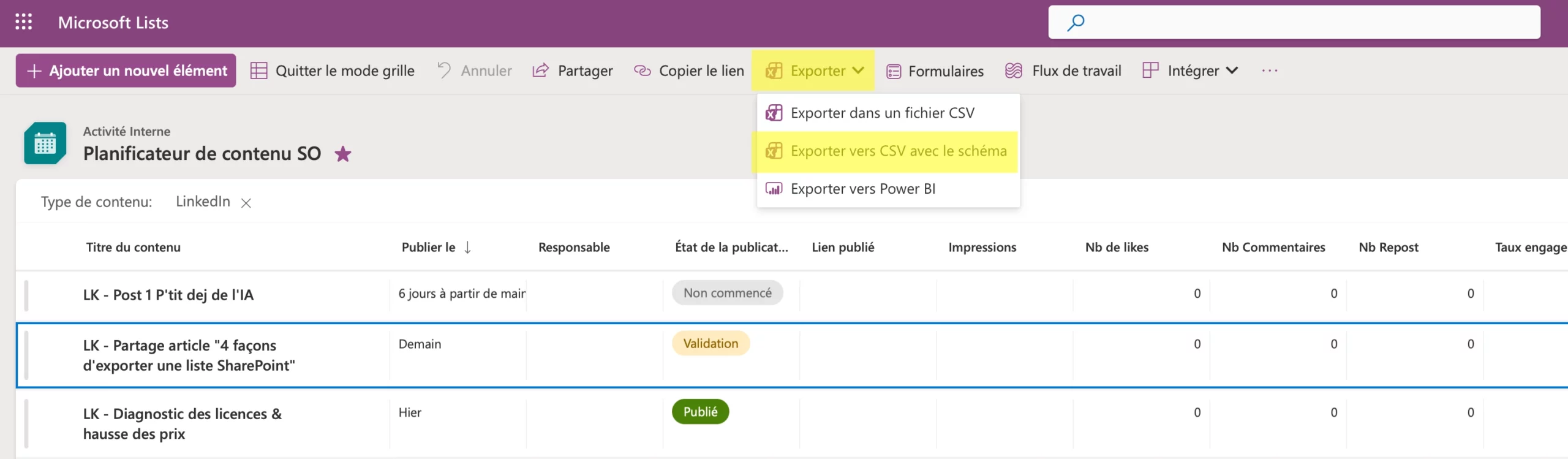 Exporter vers CSV avec le schéma Exporter Liste SharePoint