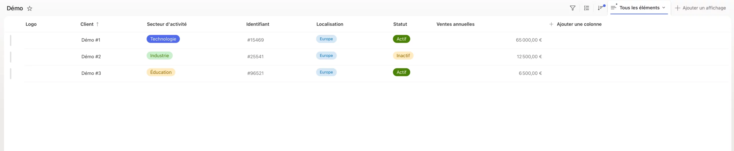 Exemple d'une liste répertoriant les clients de l'organisation - permissions lignes liste SharePoint