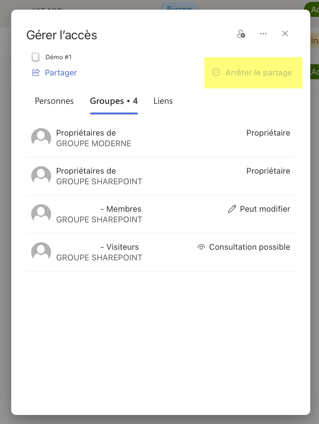 Aperçu des groupes par défaut, cliquer en haut à droite sur "Arrêter le partage"