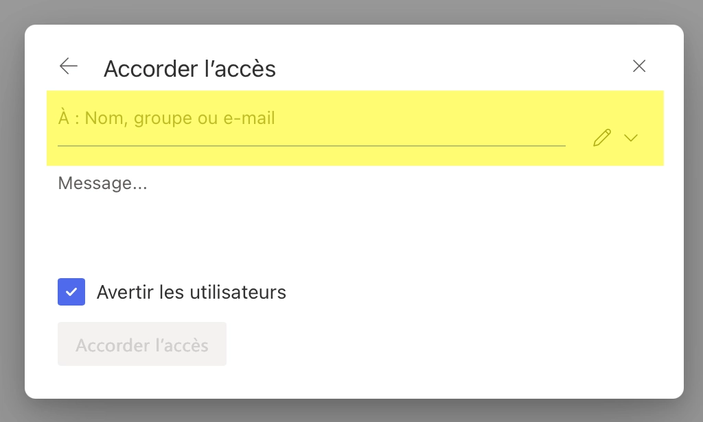 Interface d'ajout d'accès à des personnes individuelles