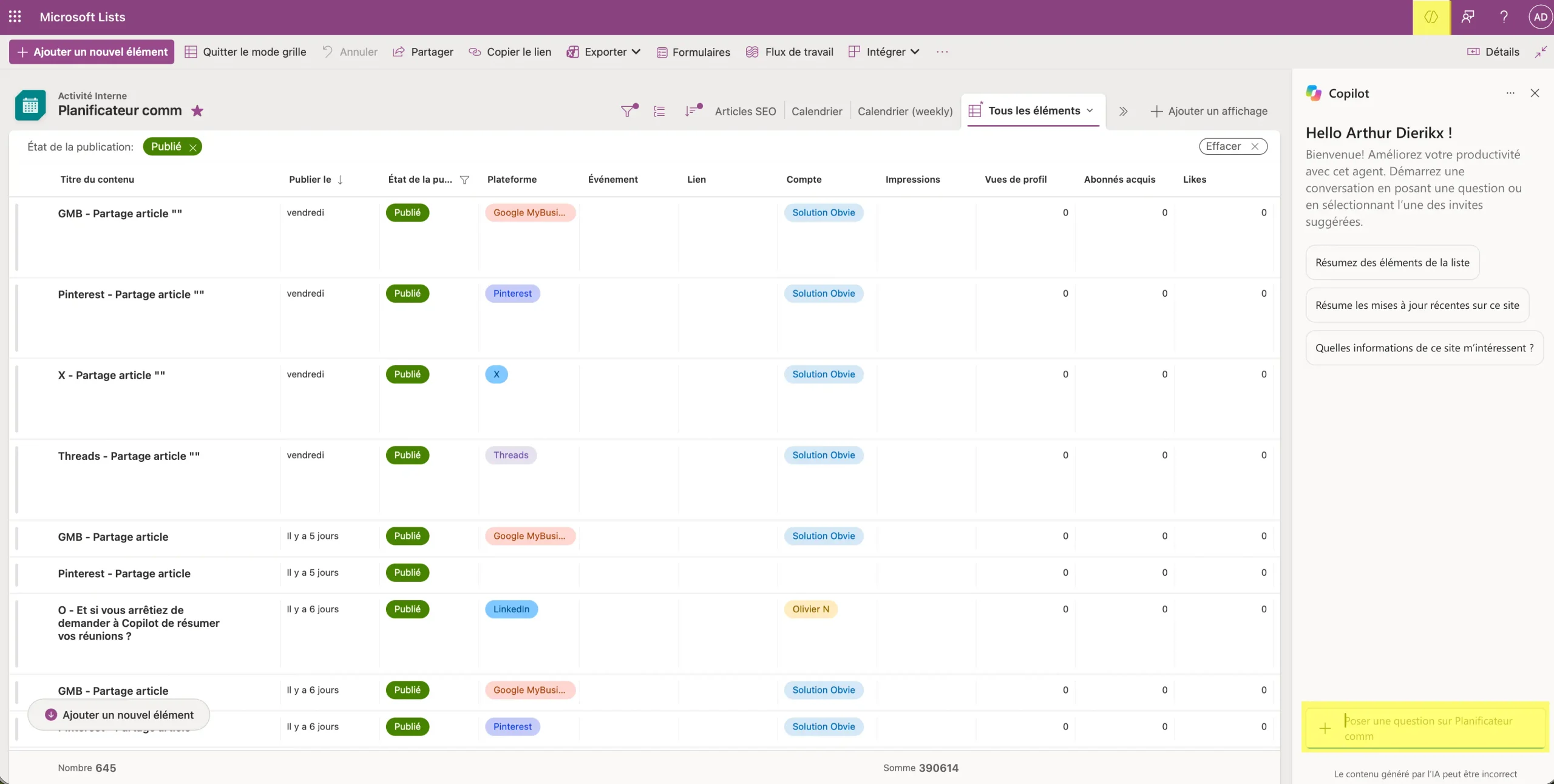 Aperçu de l'interface de Lists, indiquant où trouver le bouton Copilot et où rédiger le prompt.