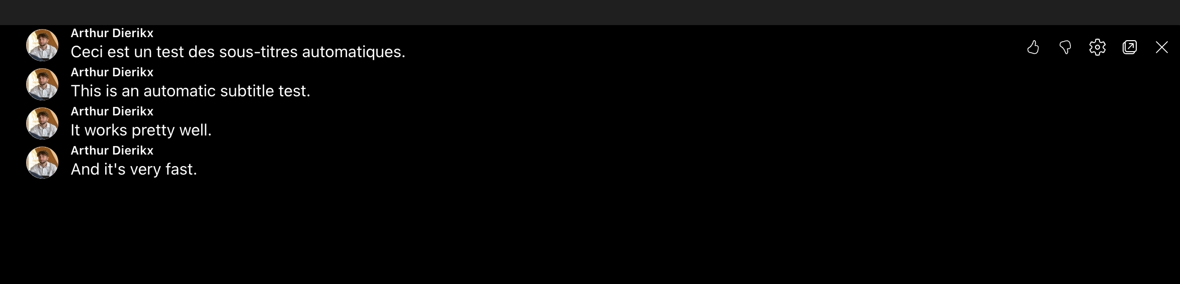 Aperçu des sous-titres en bas de l'écran avec test de la traduction en Anglais